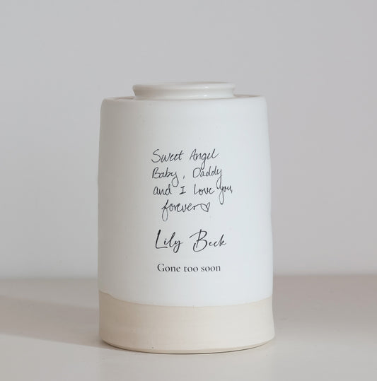 Large Tall Size Urn. Infant / Child Cremation Urn with Handwritten Note