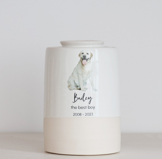 Large Tall Size Urn. Pet Cremation Urn with Custom Photo