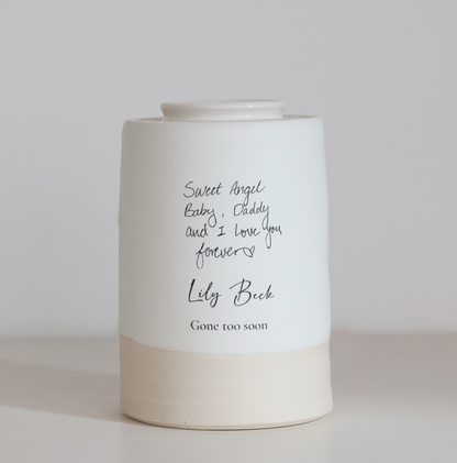 Large Tall Size Urn. Infant / Child Cremation Urn with Personalized Handwritten Note