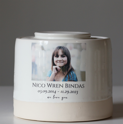 Large Low Size Urn. Child Cremation Urn with Custom Photo